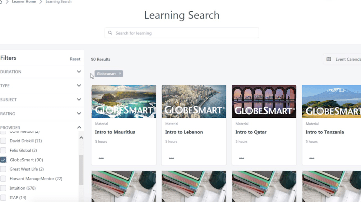 A screenshot of the LMS integration menu in Aperian Global's GlobeSmart platform.