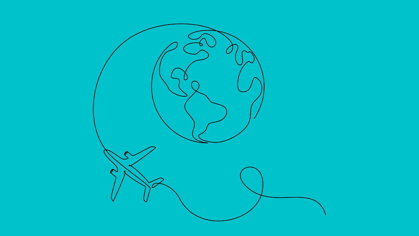 an illustration of a globe with a plane flying around it